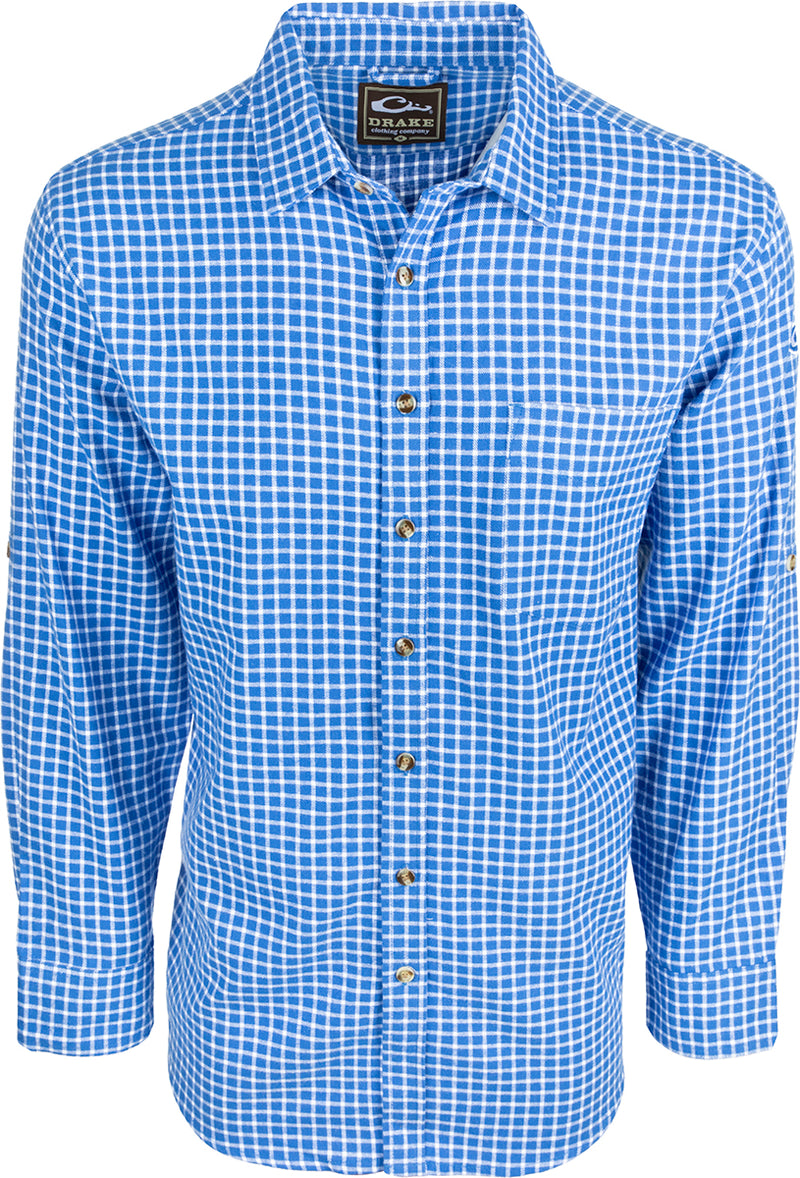 A NeverTuck Shirt L/S, blue and white checkered shirt made of soft-washed 100% cotton. Features include a left chest pocket and an open collar style. Perfect for looking sharp and feeling comfortable.