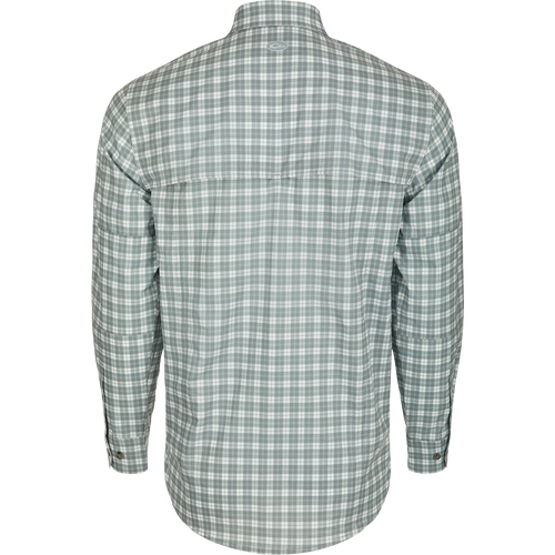 Hunter Creek Check Plaid Shirt L/S: Back view of a lightweight, moisture-wicking shirt with hidden button-down collar, vented back cape, and chest pockets.