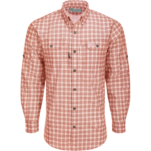 Hunter Creek Check Plaid Shirt L/S: A lightweight, moisture-wicking shirt with hidden buttons, vented back, and chest pockets for outdoor activities.