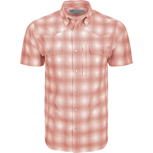 Cinco Ranch Western Plaid Shirt: A lightweight, moisture-wicking shirt with a hidden button-down collar, vented back, and two chest pockets with snap closures. Features micro-mesh for natural cooling and UPF 30 sun protection. Perfect for hunting, fishing, and outdoor activities.