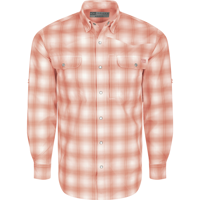 Cinco Ranch Western Plaid Shirt L/S: A lightweight, moisture-wicking shirt with micro-mesh for natural cooling. Features include UPF 30 sun protection, hidden button-down collar, vented Western back, and two button-through chest pockets with a Magnattach closure on the left pocket. Faux pearl snap buttons and a scalloped hem add style. Perfect for hunting, fishing, or casual wear.