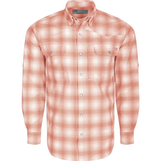 Cinco Ranch Western Plaid Shirt L/S: A lightweight, moisture-wicking shirt with micro-mesh for natural cooling. Features include UPF 30 sun protection, hidden button-down collar, vented Western back, and two button-through chest pockets with a Magnattach closure on the left pocket. Faux pearl snap buttons and a scalloped hem add style. Perfect for hunting, fishing, or casual wear.