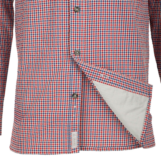 Classic Seersucker Grid Check Shirt L/S - A red and white checkered shirt with hidden button-down collar and zippered chest pocket. Vented cape back for added ventilation.
