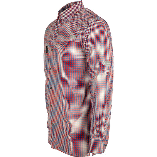 Classic Seersucker Grid Check Shirt L/S, a red and white plaid shirt with hidden zippered chest pocket and Magnattach closure.