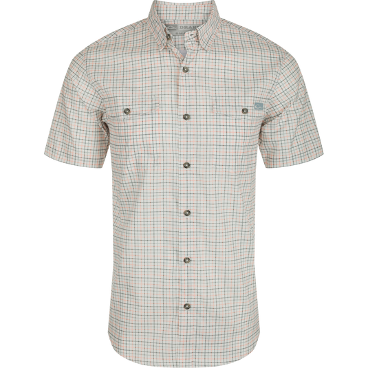 Frat Tattersall Shirt S/S - A lightweight, moisture-wicking shirt with UPF30 sun protection. Features a hidden button-down collar, vented cape back, and two chest pockets. Sculpted hem and built-in sunglass wipe. Classic style with technical features.