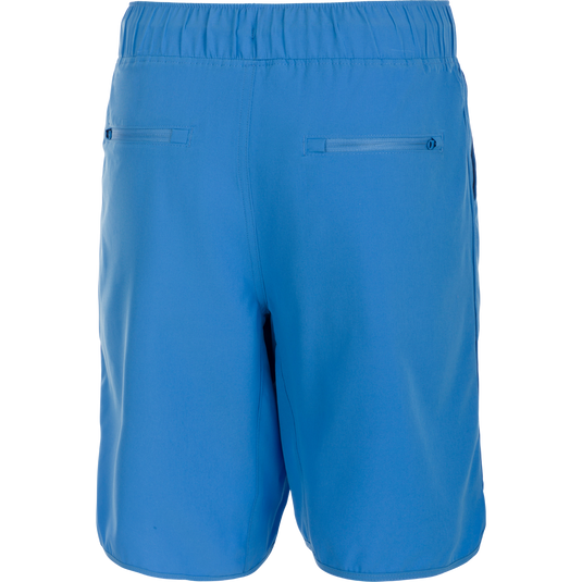 A versatile Commando Lined Volley Short 9" with built-in liner. 4-way stretch, quick-drying fabric with moisture-wicking properties. Scalloped hem, back pockets with hidden zippers, front slash pockets, and elasticized waistband with drawstring. Designed for beach to bar.