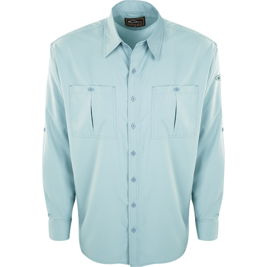 A light blue button-up Flyweight Shirt with vented back and horizontal chest pockets, made of ultra-lightweight polyester for warm-weather outdoor activities. Quick-drying, moisture-wicking, and breathable with Sol-Shield™ UPF 50+ sun protection.