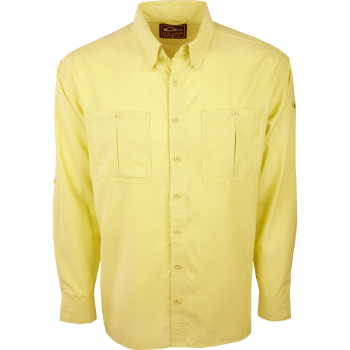 A yellow long sleeved Flyweight Shirt with vented back and chest pockets, made of ultra-lightweight polyester for quick-drying and moisture-wicking. Provides UPF 50+ sun protection.