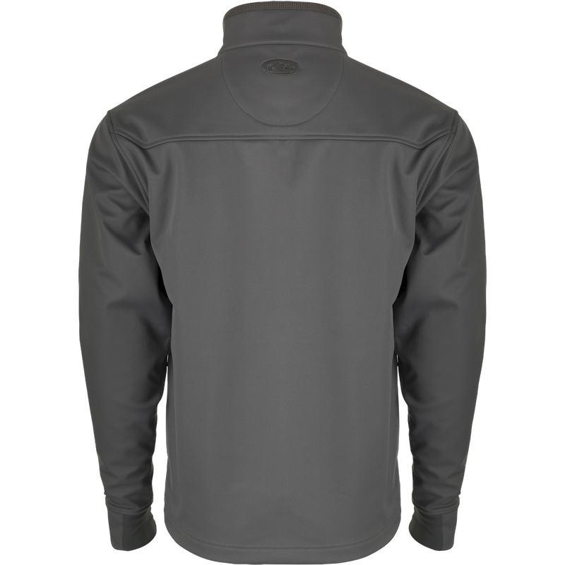 The back side of durable, weather-resistant Windproof Soft Shell Jacket with 4-way stretch. Features YKK zippered pockets and drawcord waist.