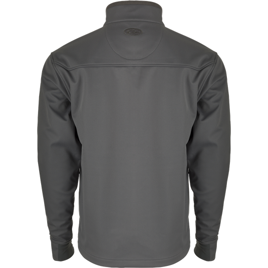 The back side of durable, weather-resistant Windproof Soft Shell Jacket with 4-way stretch. Features YKK zippered pockets and drawcord waist.