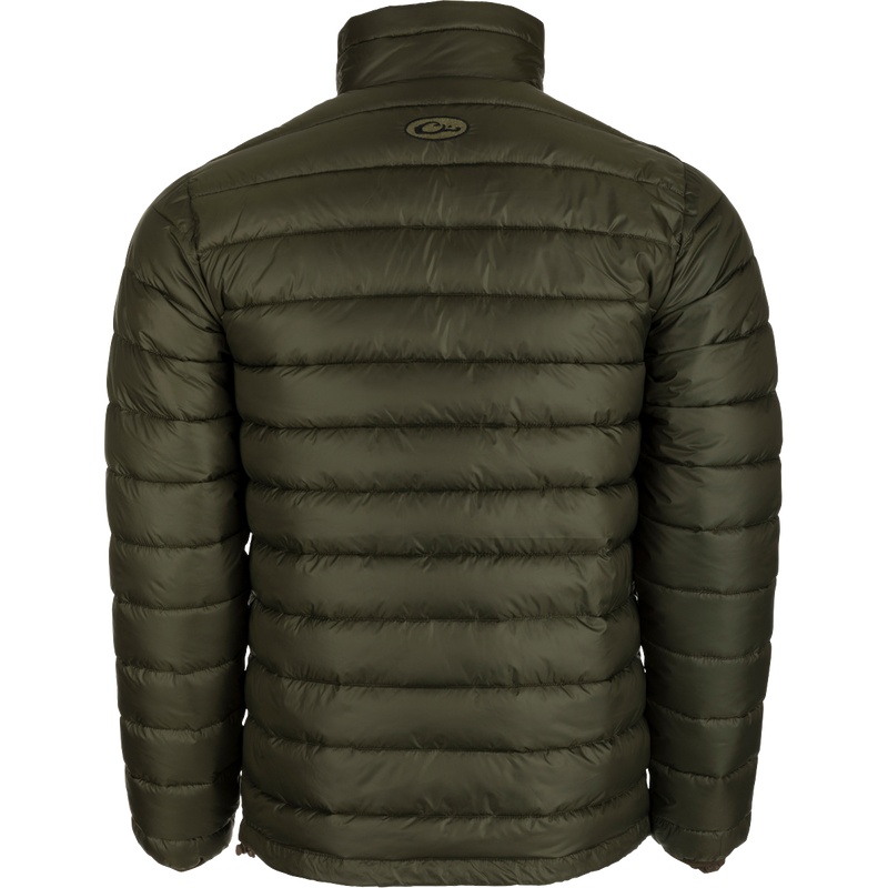 Solid Double-Down Jacket with synthetic down insulation, YKK zippered pockets, elastic cuffs, and drawcord waist. Stay warm and stylish!