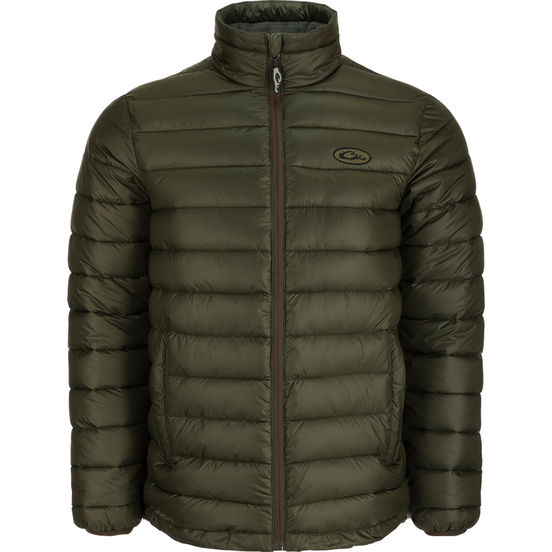 Solid Double-Down Jacket with synthetic down insulation, YKK zippered pockets, elastic cuffs, and drawcord waist. Stay warm in style!