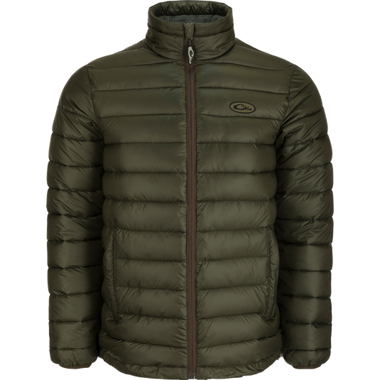 Solid Double-Down Jacket with synthetic down insulation, YKK zippered pockets, elastic cuffs, and drawcord waist. Stay warm in style!