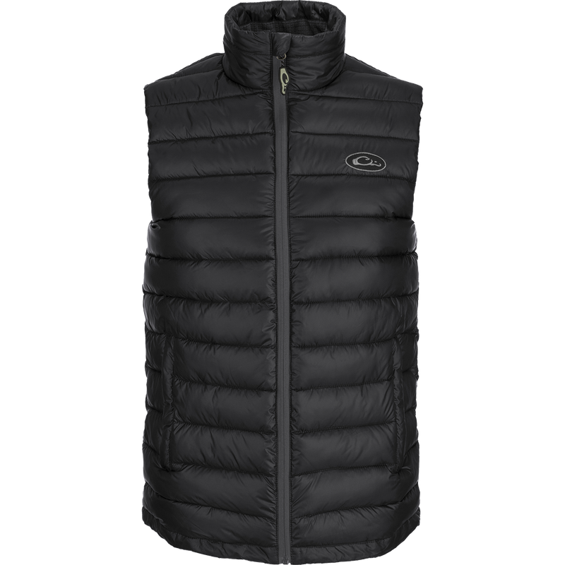 Solid Double-Down Vest with logo on black fabric, featuring synthetic down insulation, YKK zippered pockets, elastic banded collar and cuffs, and drawcord waist. Stay warm and stylish on the go!