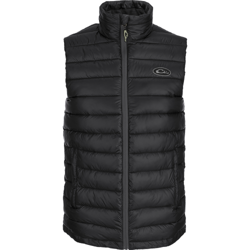 Solid Double-Down Vest with logo on black fabric, featuring synthetic down insulation, YKK zippered pockets, elastic banded collar and cuffs, and drawcord waist. Stay warm and stylish on the go!