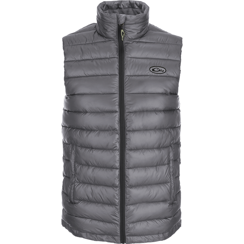 Solid Double-Down Vest with synthetic down insulation, YKK zippered pockets, and drawcord waist. Stay warm and stylish on the go!