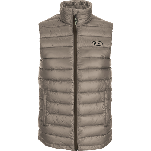 Solid Double-Down Vest: A midweight polyester vest with synthetic down insulation, YKK zippered side slash pockets, and drawcord waist. Stay warm and stylish on the go!