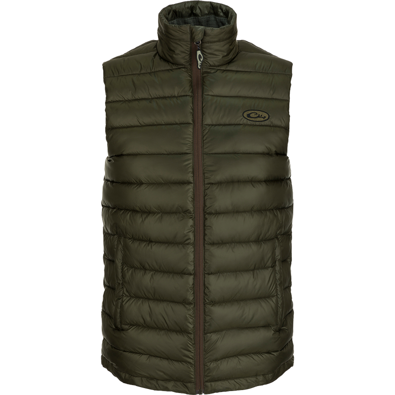 Solid Double-Down Vest with synthetic down insulation and YKK zippered pockets. Stay warm and stylish on the go!