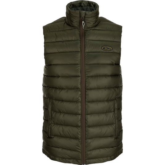Solid Double-Down Vest with synthetic down insulation and YKK zippered pockets. Stay warm and stylish on the go!