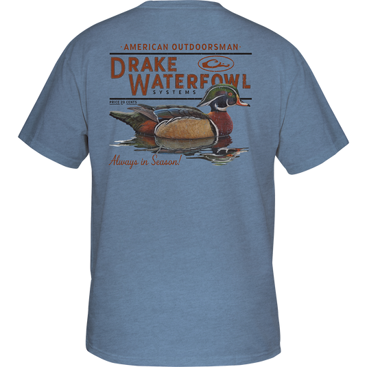 Youth Wood Duck T-Shirt featuring a back graphic of a Wood Duck from our Vintage Drake Series. Drake logo on the front. Lightweight and comfortable blend of cotton and polyester. Final Sale.