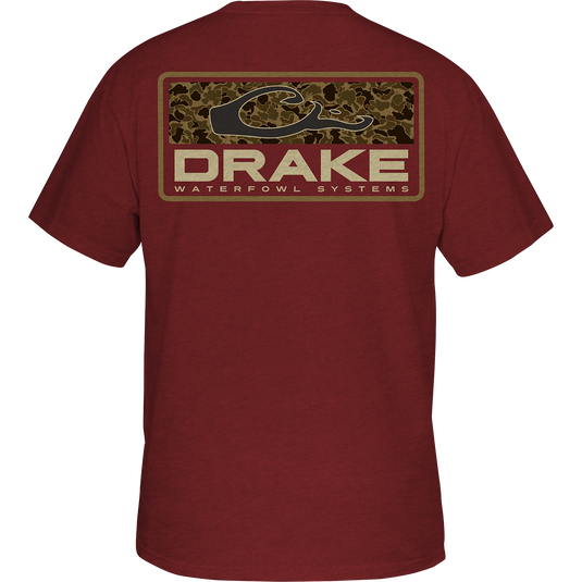 Old School Bar T-Shirt: Premium cotton tee with back screen print of exclusive Old School Camo and Drake Logo overprint. Front chest pocket features classic Drake Waterfowl logo. Lightweight and versatile.