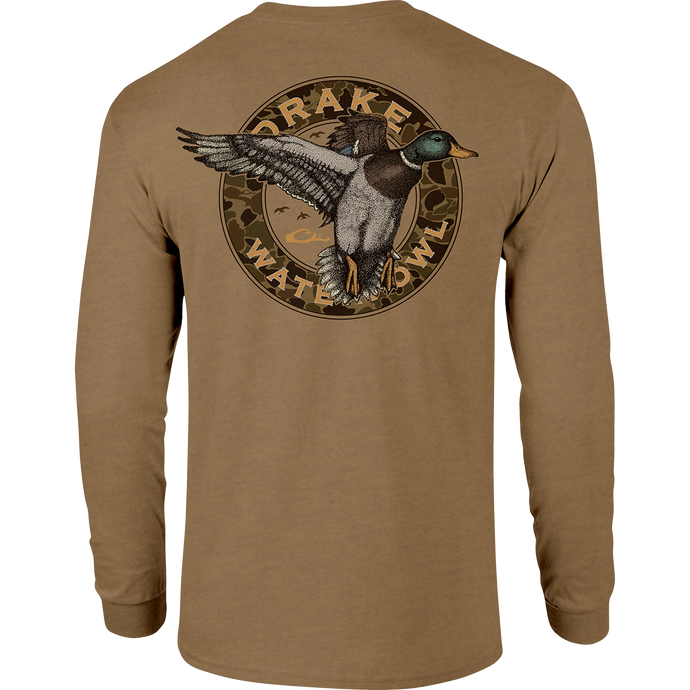 Circle Mallard Long Sleeve T-Shirt featuring a duck logo on a pocket
