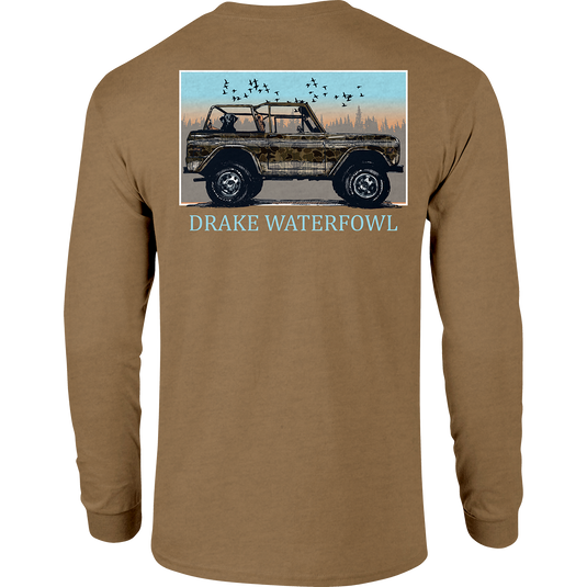 A long sleeved shirt featuring a car and birds in flight, part of the Old School Ride Along Long Sleeve T-Shirt collection from Drake Waterfowl.