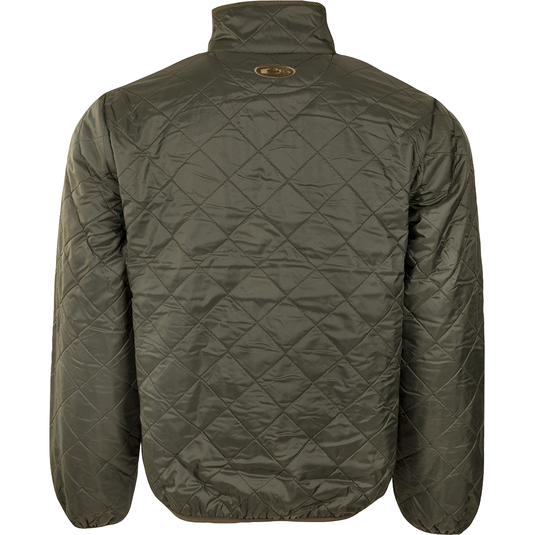 A Delta Fleece-Lined Quilted Jacket with logo on back, quilted fabric, and micro-fleece lining. Perfect for casual or field wear.