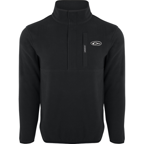 A black Camp Fleece Pullover 2.0 with logo, perfect for layering. Lightweight, breathable, and moisture-wicking. Ideal for Spring or Fall outfits.