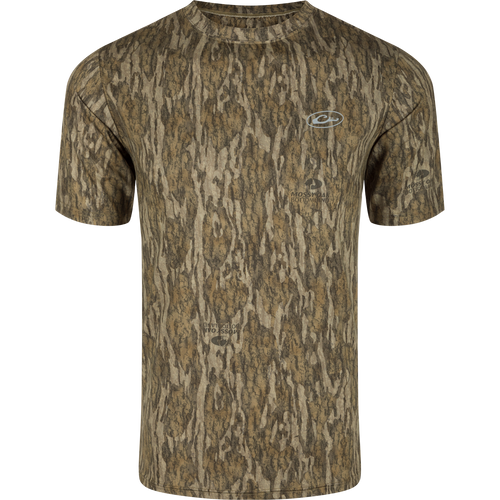 A high-performance EST Camo Crew S/S shirt with 4-Way Stretch and Shield 4 treatments for sun, heat, odor, and stains protection.