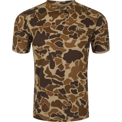 A mannequin wearing the EST Camo Performance Crew S/S, a durable and comfortable camouflage shirt with 4-Way Stretch and Shield 4 treatments for sun protection, cooling, odor control, and stain resistance.