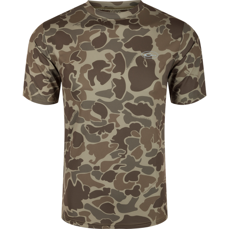 A high-performance camouflage shirt designed for comfort and durability. Made with 92% Polyester/8% Spandex and 4-Way Stretch for flexibility. Features Shield 4 Sun™ UPF 50+ Treatment, Shield 4 Coolant™ Treatment, Shield 4 Odor™ Treatment, and Shield 4 Stains™ Treatment for sun protection, heat resistance, odor control, and stain resistance. Perfect for big game hunting, waterfowl hunting, turkey hunting, and fishing.