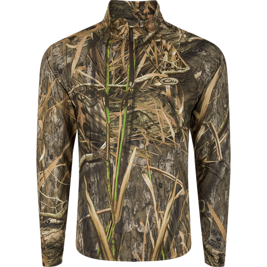 A close-up of the EST Microlite 1/4 Zip Pullover, showcasing its camouflage design and performance features.