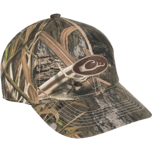 Waterproof Camo Cap with Drake logo, a lightweight, 6-panel hunting hat. Conceals from above, reduces glare with camo under the bill.