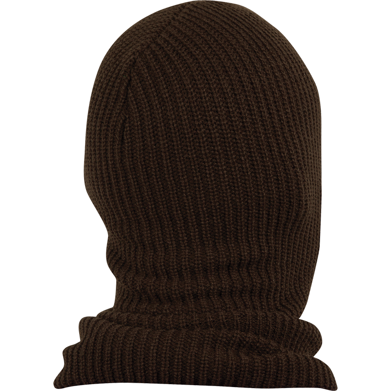 A close-up of the LST Face Mask, a brown knitted mask with tailored eye and mouth openings for unrestricted visibility and breathability. Made from warm poly-knit fabric with camo fleece on the face area for increased warmth and concealment.