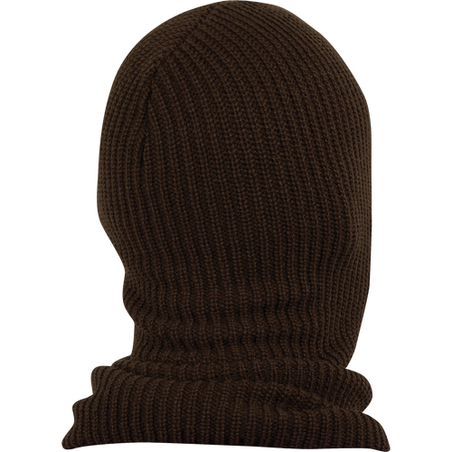 A close-up of the LST Face Mask, a brown knitted mask with tailored eye and mouth openings for unrestricted visibility and breathability. Made from warm poly-knit fabric with camo fleece on the face area for increased warmth and concealment.