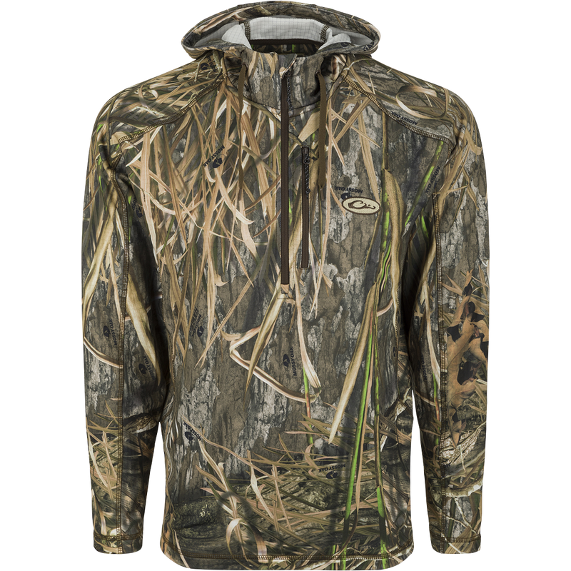 MST Breathelite 1/4-Zip Camo Hooded Base Layer: A technical athletic layer with 4-Way Stretch and raglan sleeves for improved mobility. Features a vertical zippered chest pocket and a soft hooded design for added warmth.