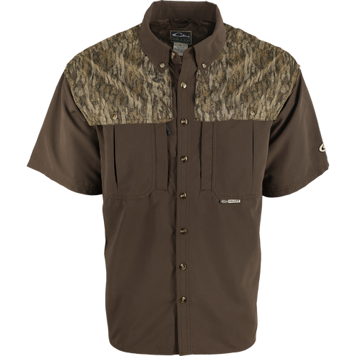 A lightweight, breathable Wingshooter's Shirt with a camouflage design. Features vents, mesh, and easy-care fabric for comfort and style.
