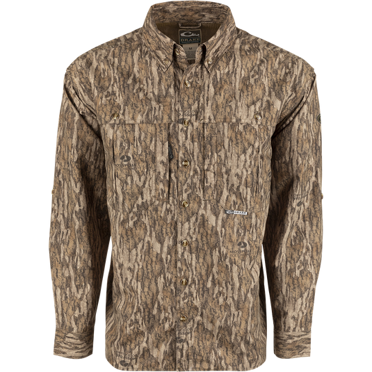A lightweight, breathable Wingshooter's Shirt with a tree pattern. Features vents, mesh, and button tabs on sleeves. Perfect for hunting and shooting.