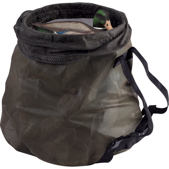 Pyramid Big Mouth™ Decoy Bag with rugged vinyl-coated polyester mesh. Stands upright when loaded, holds up to 24 magnum duck decoys or 30 standard duck decoys. Features extruded plastic Big Mouth opening, 2