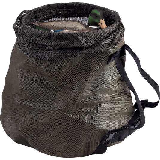 Pyramid Big Mouth™ Decoy Bag with rugged vinyl-coated polyester mesh. Stands upright when loaded, holds up to 24 magnum duck decoys or 30 standard duck decoys. Features extruded plastic Big Mouth opening, 2" polyester web shoulder straps, and drawstring cord with cinch.