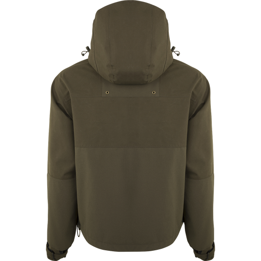 A waterproof jacket with a hood, designed for hunters. Features multiple pockets, adjustable cuffs, and a fleece-lined hood.