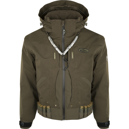 Guardian Elite™ Flooded Timber Jacket - Shell Weight: Waterproof, windproof, and breathable jacket designed for tree stand hunting. Lower cut with drain holes for wading. Features multiple pockets, adjustable hood, and reinforced fabric.