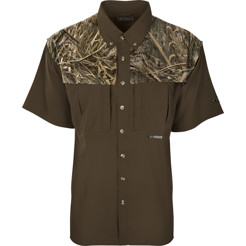 EST Two-Tone Camo Flyweight Wingshooter's Shirt S/S: A lightweight, breathable hunting shirt with camo design, UPF 50+ sun protection, back vents, mesh panels, and multiple chest pockets.