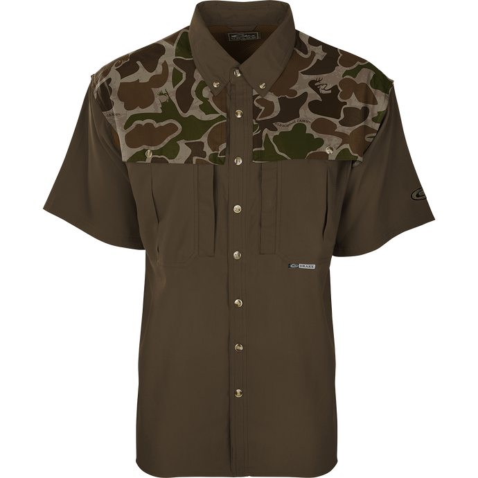 EST Two-Tone Camo Flyweight Wingshooter's Shirt S/S: Lightweight, breathable hunting shirt with moisture-wicking fabric, UPF 50+ sun protection, back vents, mesh panels, and multiple chest pockets.