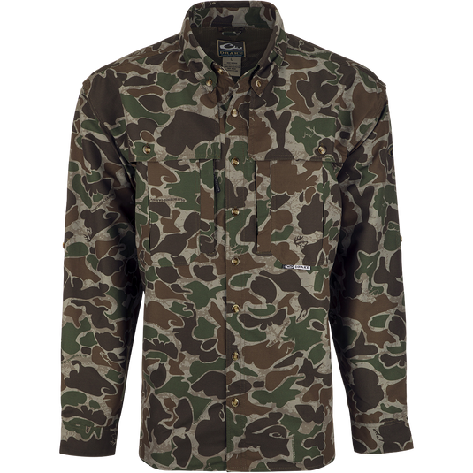A lightweight camo hunting shirt with moisture-wicking fabric, UPF 50+ sun protection, and multiple pockets. Perfect for early season hunting.