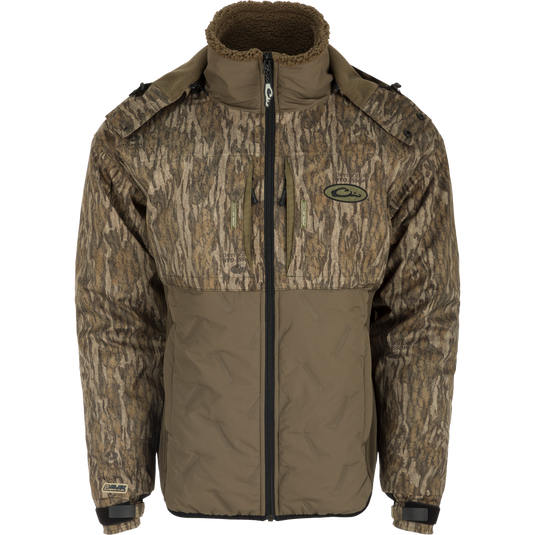 LST Guardian Flex Double Down Eqwader Full Zip w/ Hood: Waterproof jacket with camouflage pattern, zipper details, and fleece-lined hood. Stay protected and comfortable in any weather.
