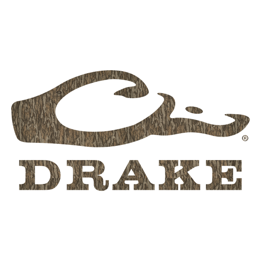 Drake Window Decal featuring the recognizable Drake logo, a duck silhouette, and a tree bark pattern. Perfect for showing off your fervor for hunting and the outdoor lifestyle. Water-resistant and long-lasting. 5" wide x 2.5" tall outdoor die-cut vinyl decal with split-backing for easy application.