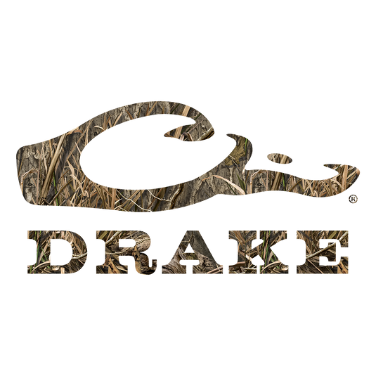 Drake Window Decal featuring a logo of a snake and a black and brown animal head. Made of outdoor die-cut vinyl, this 5" wide x 2.5" tall decal is long-lasting and water-resistant. Perfect for showing off your hunting fervor and lifestyle. Simple application with split-backing.