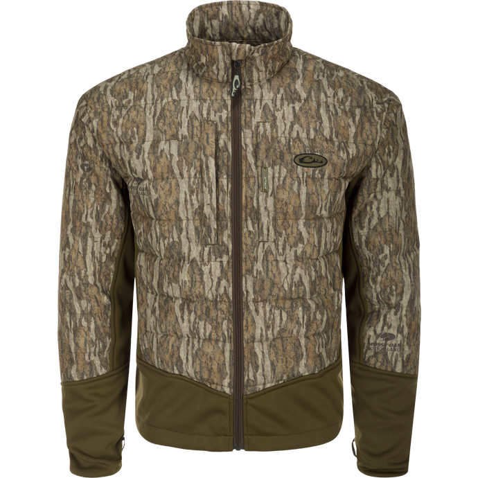 LST Double Down Endurance Hybrid Liner: A jacket with a tree pattern, featuring 160g of synthetic down insulation for warmth. Elastic cuffs, adjustable waist, and zippered pockets for convenience.